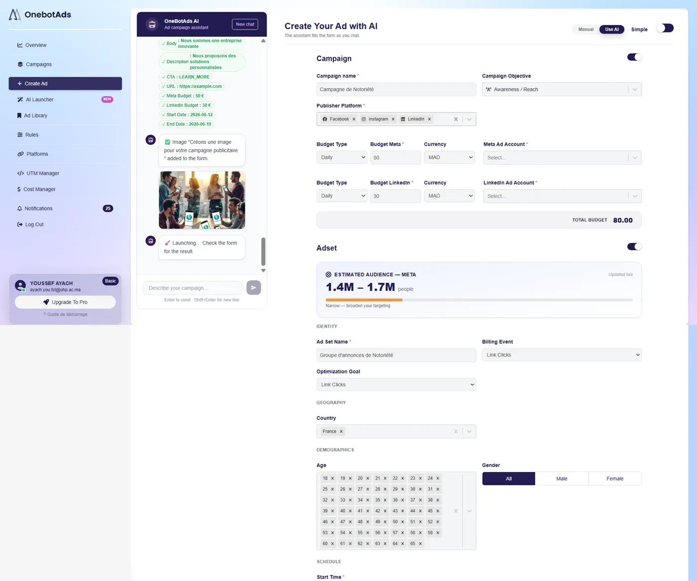 OneBotAds dashboard: the AI assistant chat on the left filling in a complete ad campaign form on the right, including budgets for Meta and LinkedIn and a live audience estimate