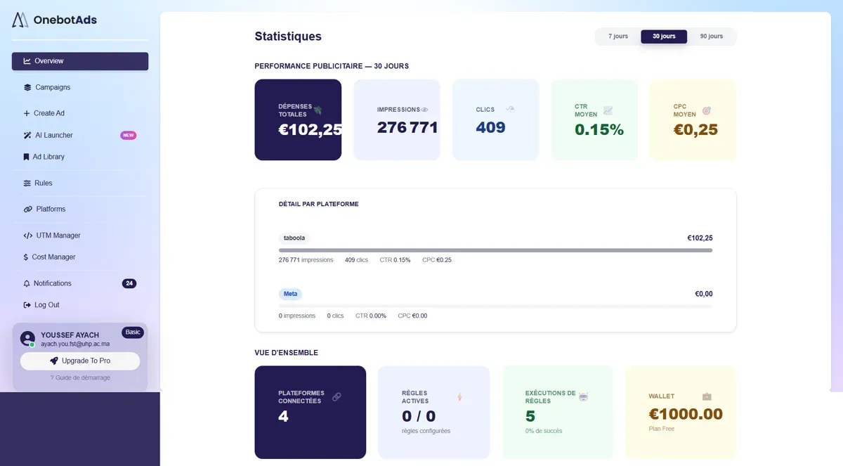 Statistics overview with spend, impressions, clicks, CTR and CPC tiles and a per-platform performance breakdown